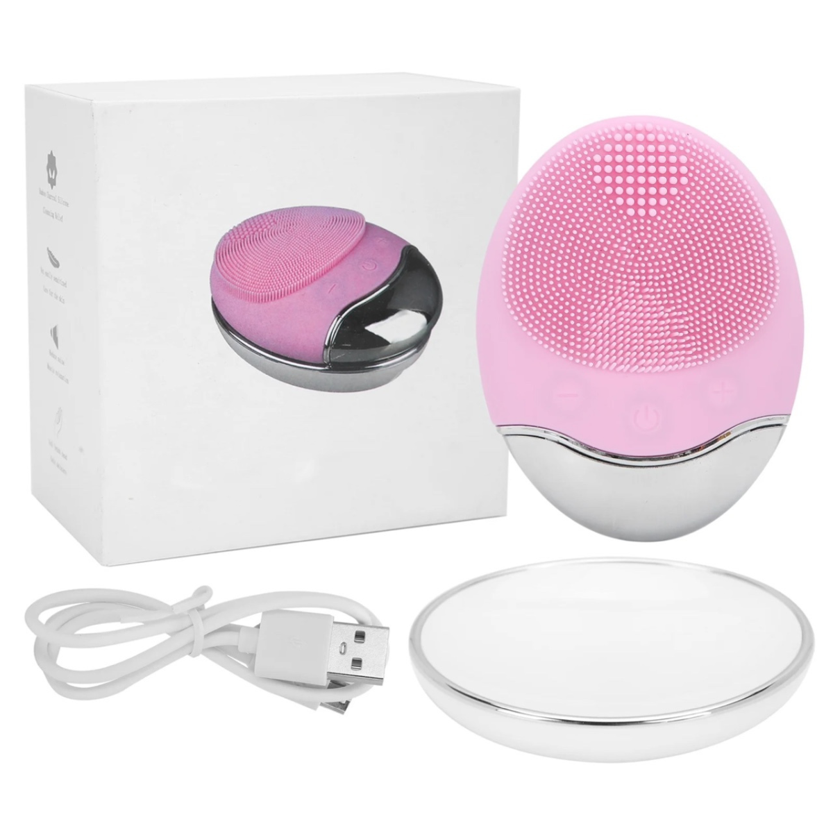 Wireless silicone facial cleansing brush set with charging cable and base included. Product packaging and accessories shown together.