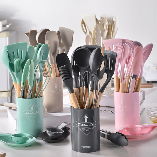 9pcs Silicone Kitchen Cooking Utensil Set Wooden Handle