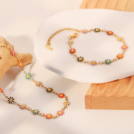 18K Gold Charm Colorful Daisy Bracelet Stainless Steel