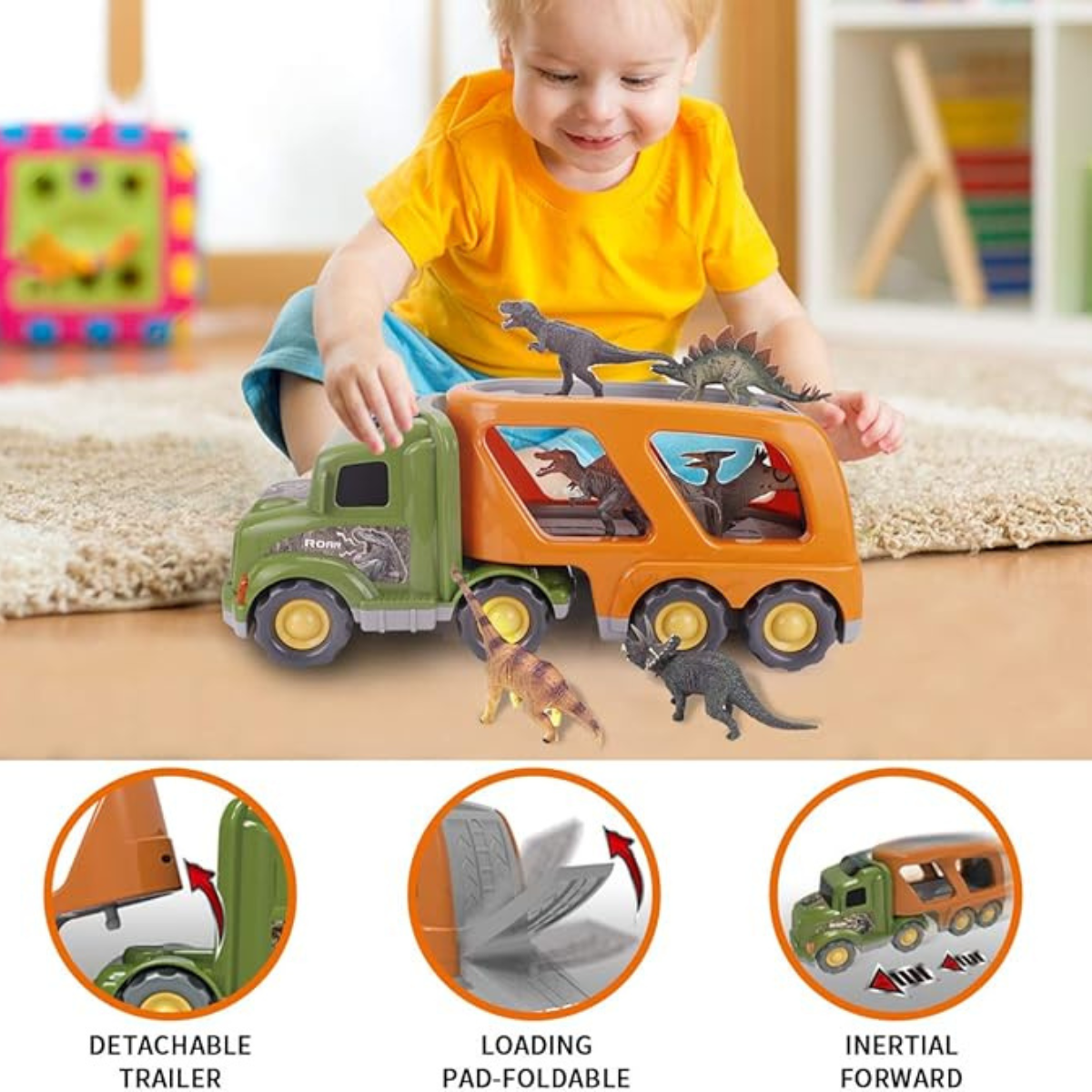 Dinosaur Truck Toy with Light and Sounds and 6 Dinosaur Figures