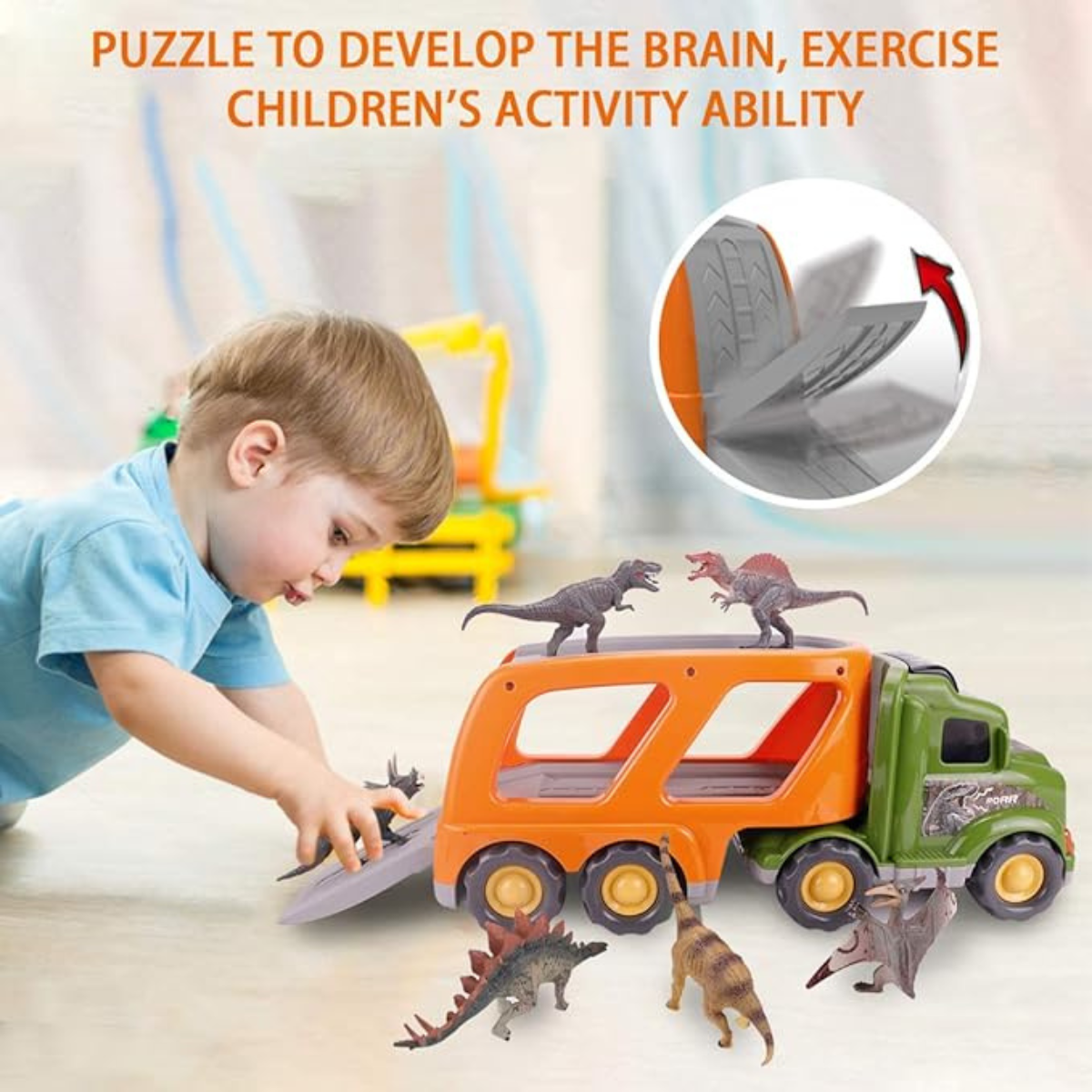 Dinosaur Truck Toy with Light and Sounds and 6 Dinosaur Figures