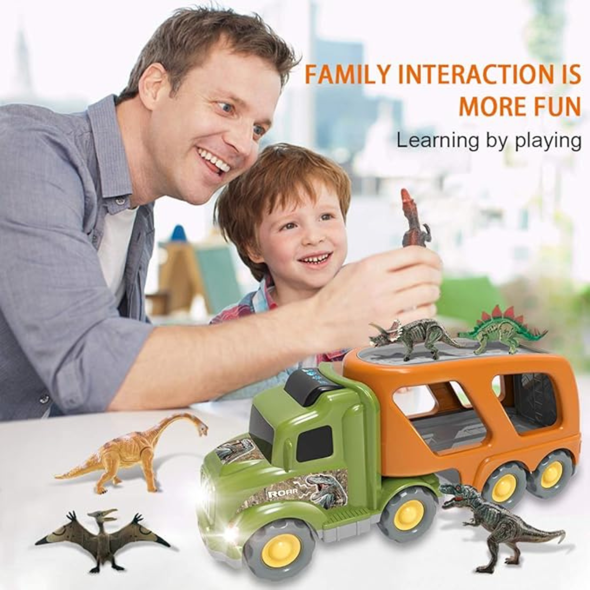 Dinosaur Truck Toy with Light and Sounds and 6 Dinosaur Figures