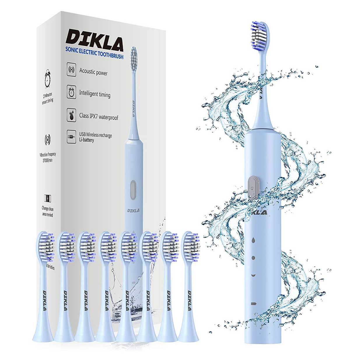Dikla Sonic Electric Toothbrushes with 8 Brush Heads, Blue