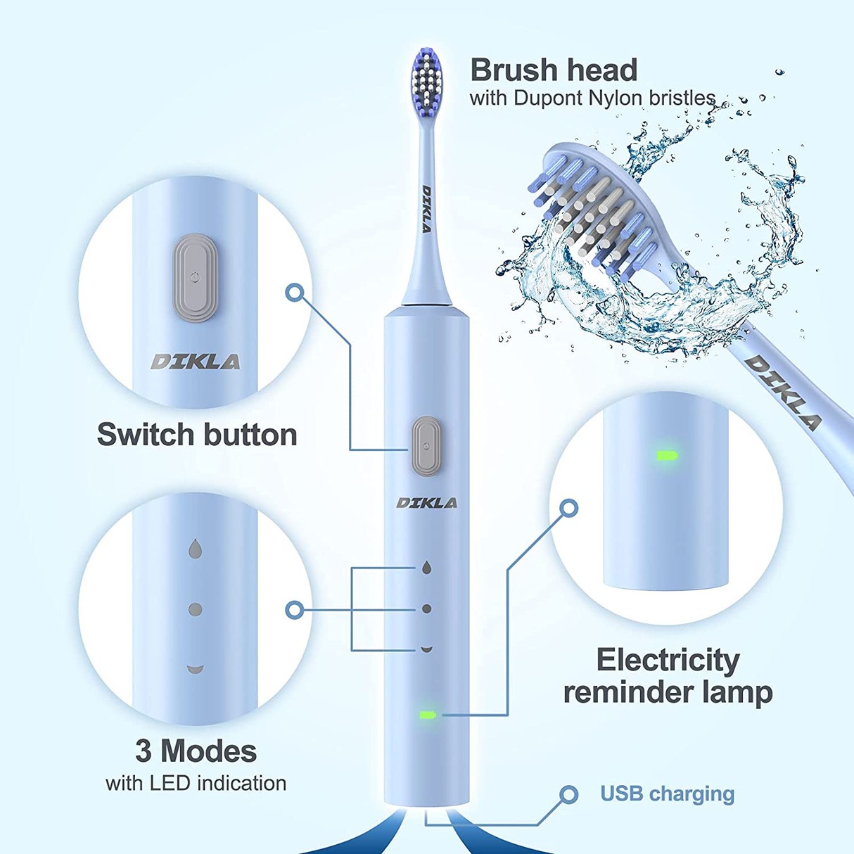 Dikla Sonic Electric Toothbrushes with 8 Brush Heads, Blue