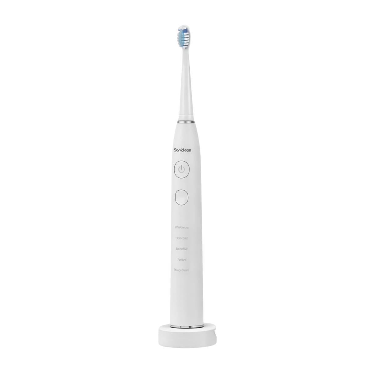 White sonic electric toothbrush standing upright with slim ergonomic handle design