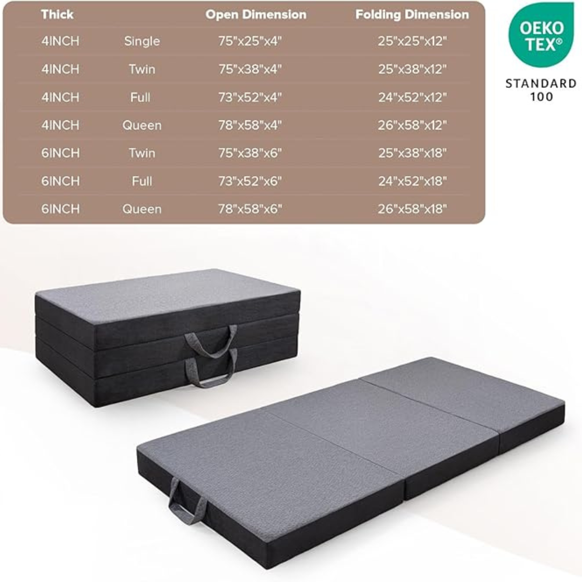 6inch Tri-fold Memory Foam Mattress with Washable Cover, Handle and Non-Slip Bottom