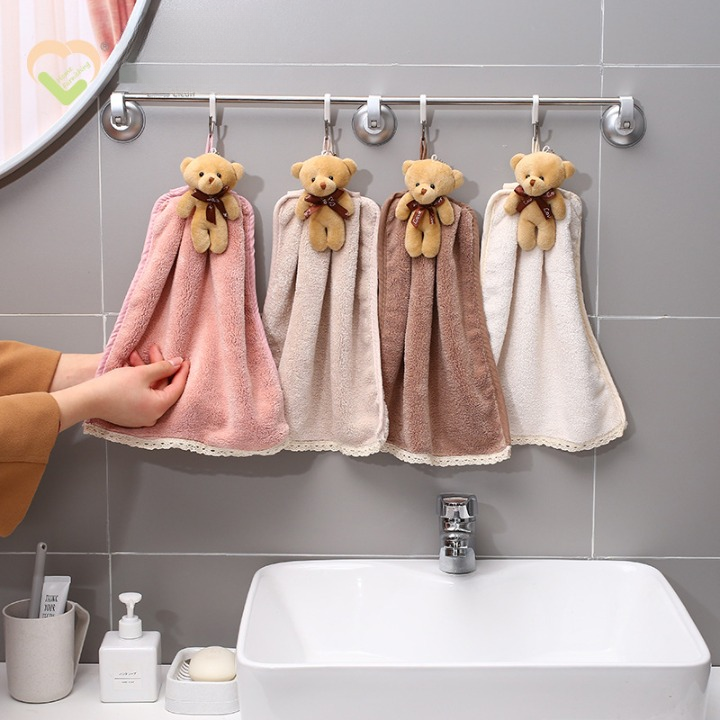 Cute Bear Coral Fleece Hanging Absorbent Hand Towel