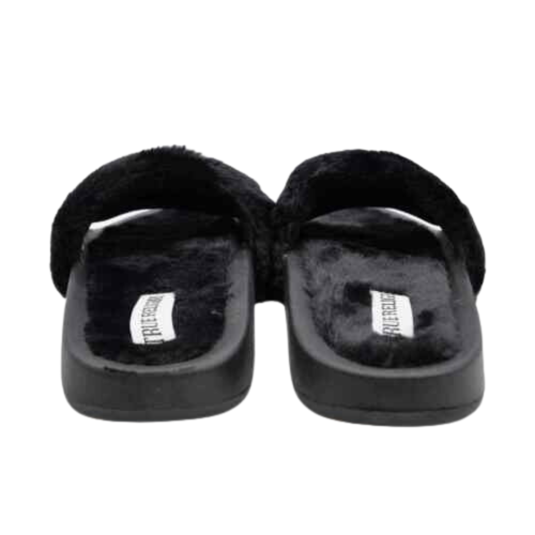 True Religion Alia Embellished Faux Fur Black Slide Sandals