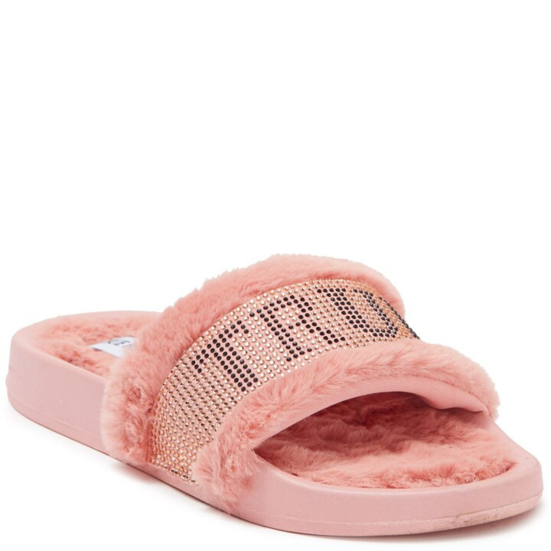 True Religion Kelly Embellished Faux Fur Pink Slide Sandals