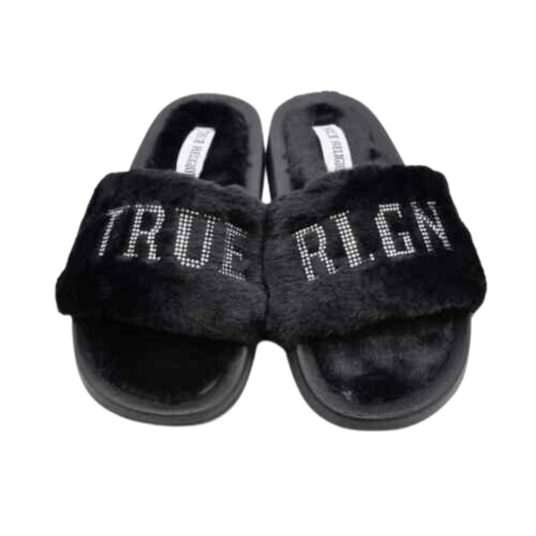 True Religion Alia Embellished Faux Fur Black Slide Sandals