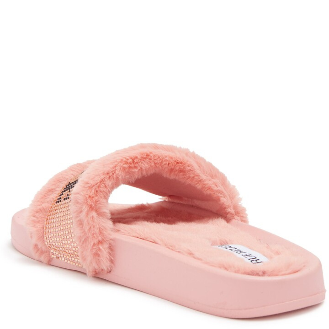 True Religion Kelly Embellished Faux Fur Pink Slide Sandals