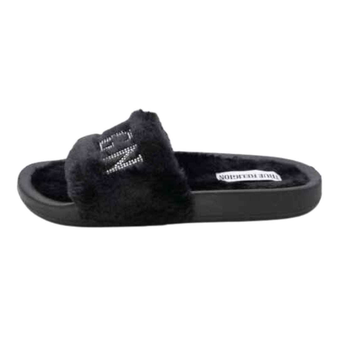 True Religion Alia Embellished Faux Fur Black Slide Sandals