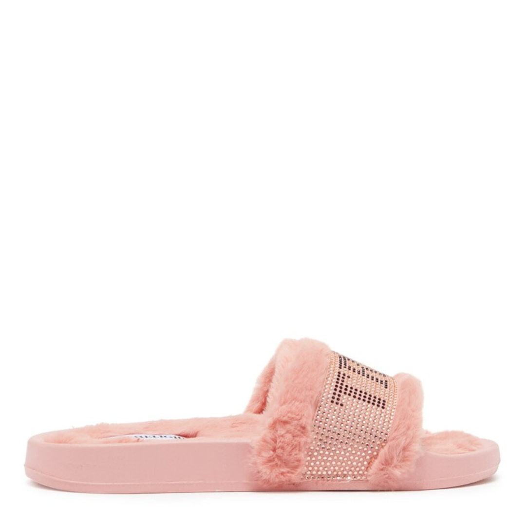 True Religion Kelly Embellished Faux Fur Pink Slide Sandals