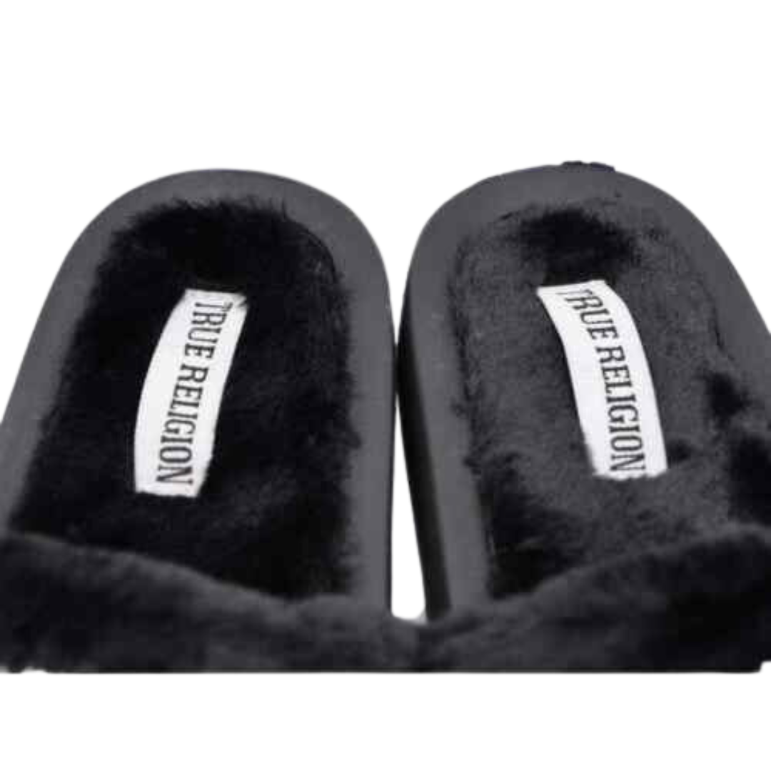 True Religion Alia Embellished Faux Fur Black Slide Sandals