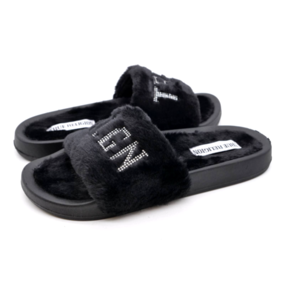 True Religion Alia Embellished Faux Fur Black Slide Sandals