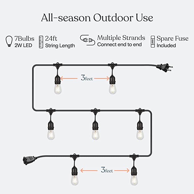 24 Ft Commercial Grade Outdoor Waterproof Heavy Duty LED String Lights