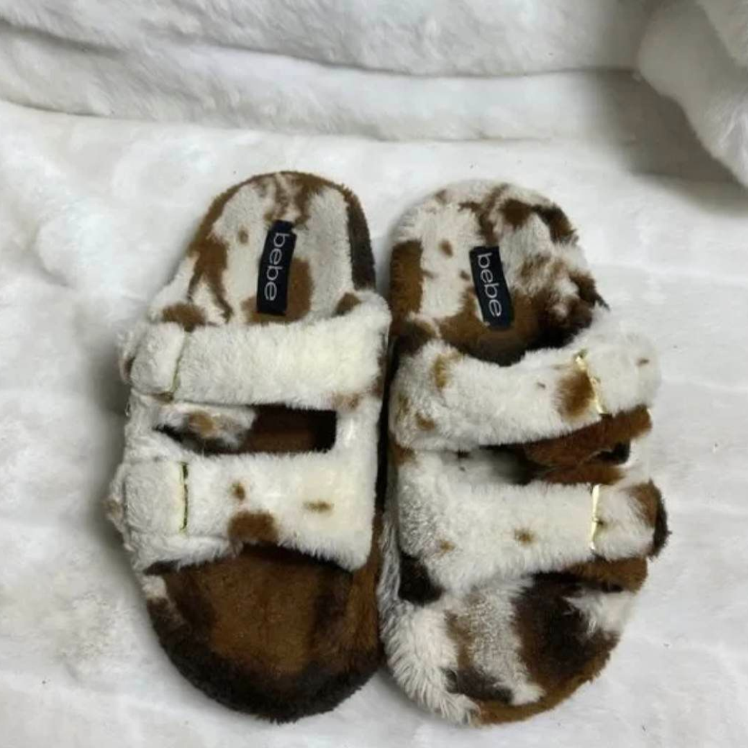 BEBE Fanny Brown Cow Faux Fur Slippers