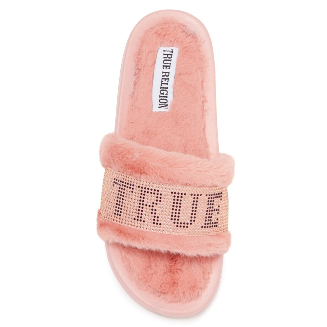 True Religion Kelly Embellished Faux Fur Pink Slide Sandals
