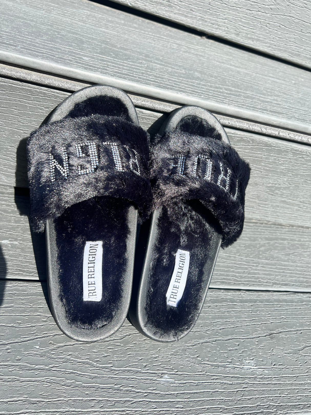 True Religion Alia Embellished Faux Fur Black Slide Sandals