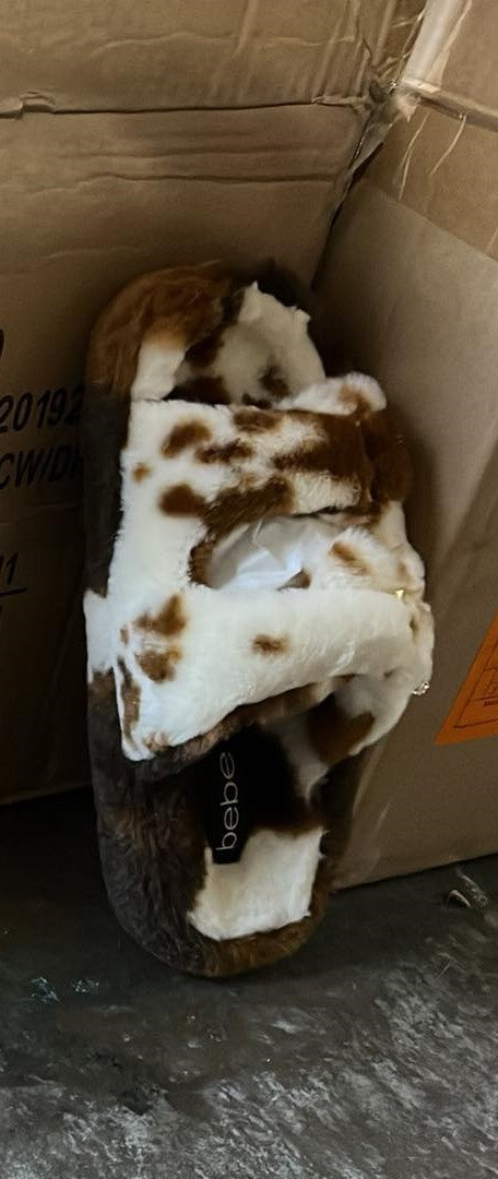 BEBE Fanny Brown Cow Faux Fur Slippers
