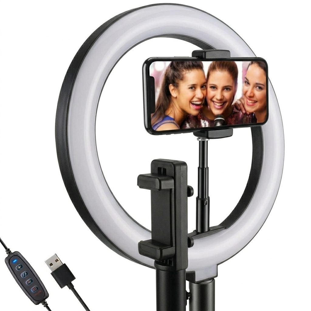 An adjustable LED ring light for content creation, featuring a large circular light source with a black outer casing and a white diffusion cover. A smartphone is mounted horizontally in the center of the ring.