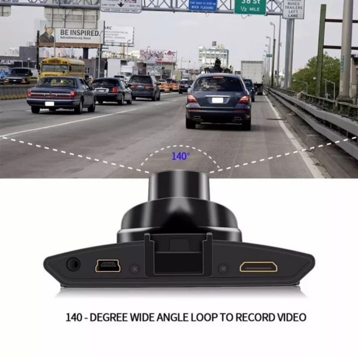 Dashboard camera showing wide-angle road view capturing multiple lanes for safer driving footage.