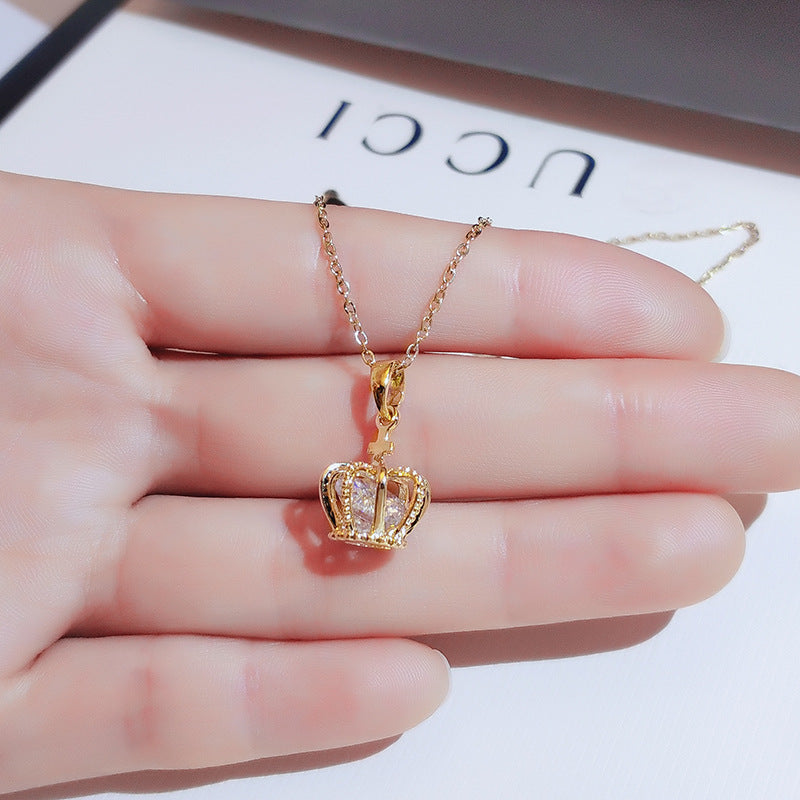 Dainty Crown with Zirconia Stone Pendant Gold Necklace Stainless Steel