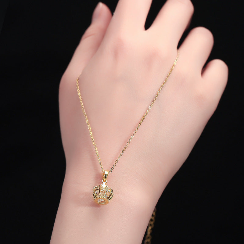 Dainty Crown with Zirconia Stone Pendant Gold Necklace Stainless Steel