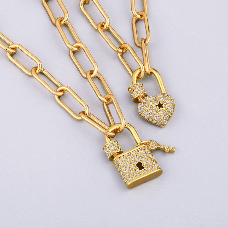 18K Gold Plated Heart Shape Padlock with Micro Inlaid CZ Necklace