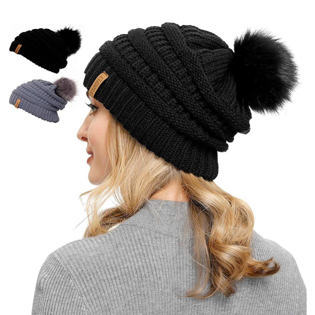 Women Knit Slouchy Beanie Hat Chunky Baggy Hat with Detachable Faux Fur Pompom