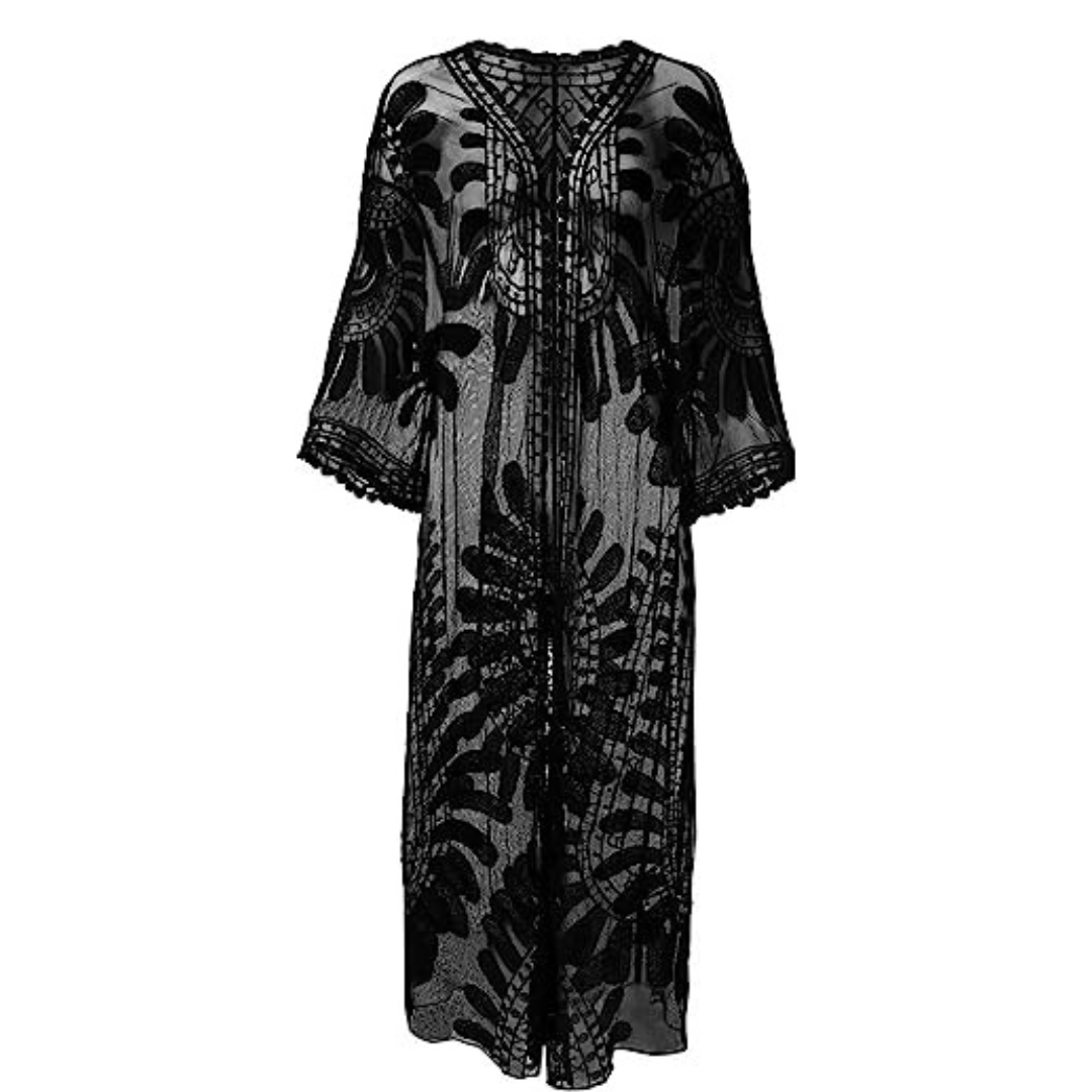 Women’s Lace Cardigan Half Sleeve  Black Floral Crochet Sheer Beach Cover Ups, One Size