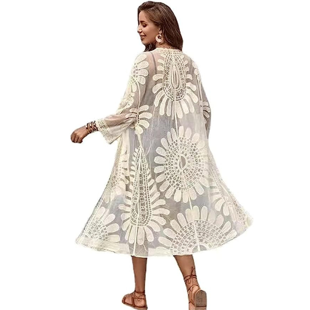 Swimsuit Cover Up Lace Floral Crochet Beachwear Long Kimono Cardigan