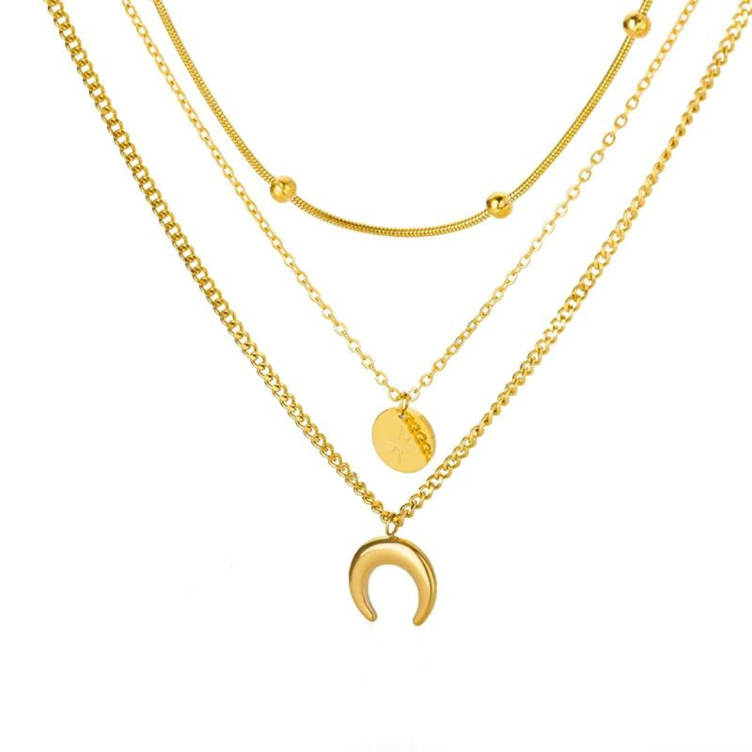 18K Gold Three Layer Star Moon Design Pendant Necklace Stainless Steel