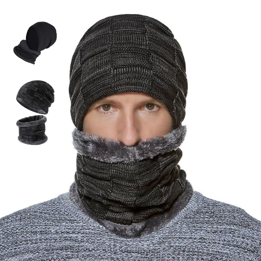 2 Piece Winter Beanie Hat Scarf Set Thick Fleece Lined Skull Cap and Neck Warmer for Adults