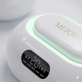 Close-up of facial skin care device display showing RF EMS settings