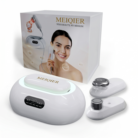 Facial skin care device with packaging box and interchangeable heads displayed