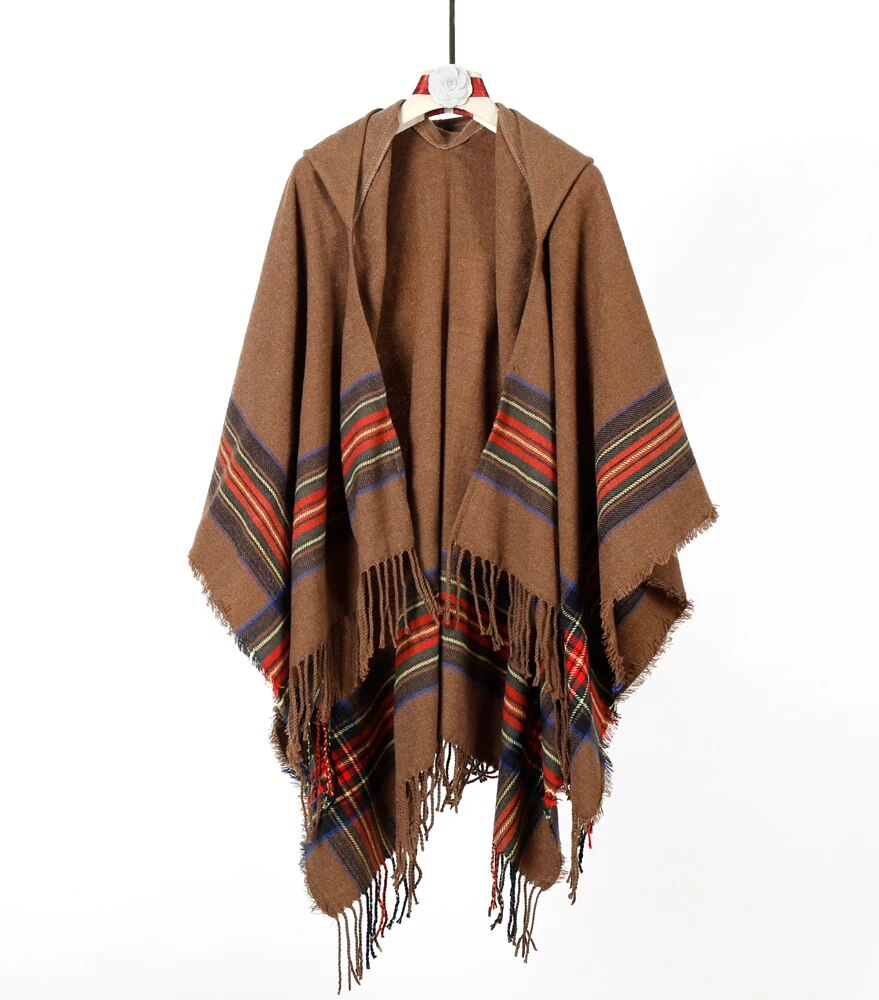 Women's Oversized Knitted Poncho Hooded Stripe