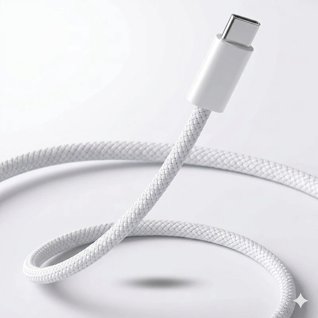 Close-up of a white USB-C charging cable connector, highlighting the durable texture and precise USB-C end in a clean studio background.