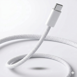 Close-up of a white USB-C charging cable connector, highlighting the durable texture and precise USB-C end in a clean studio background.