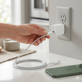 20W USB-C charging adapter in use charging smartphone at wall outlet