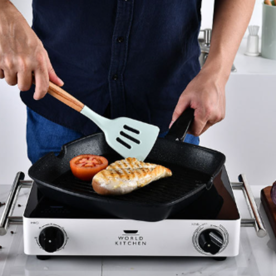 9pcs Silicone Kitchen Cooking Utensil Set Wooden Handle for Nonstick Cookware with Plastic Holder