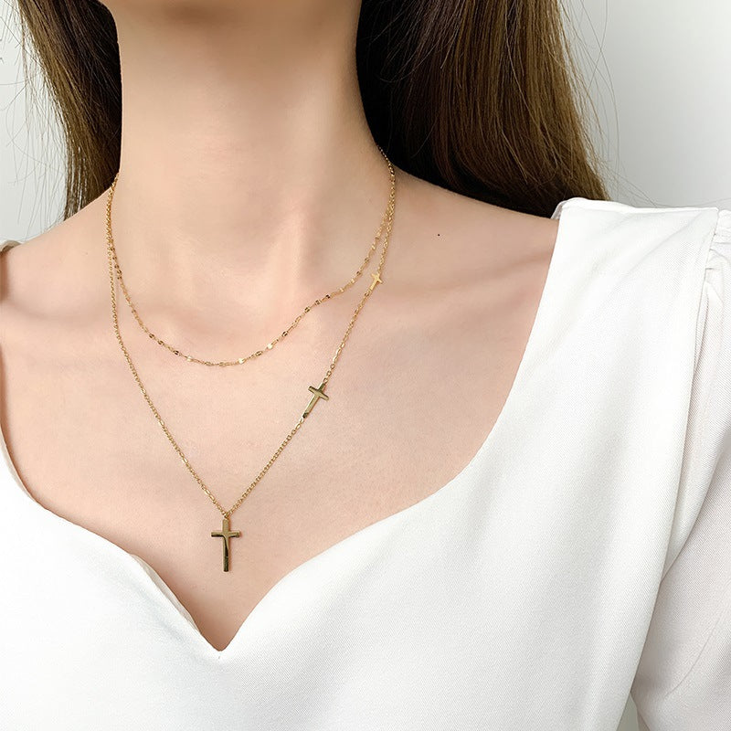 Double Layer Cross Choker Necklace Stainless Steel