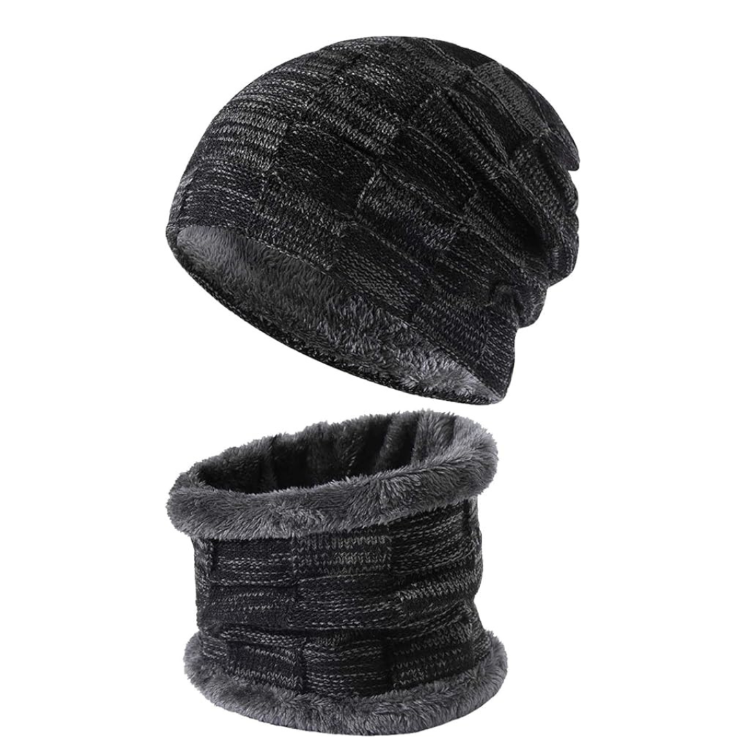 2 Piece Winter Beanie Hat Scarf Set Thick Fleece Lined Skull Cap and Neck Warmer for Adults