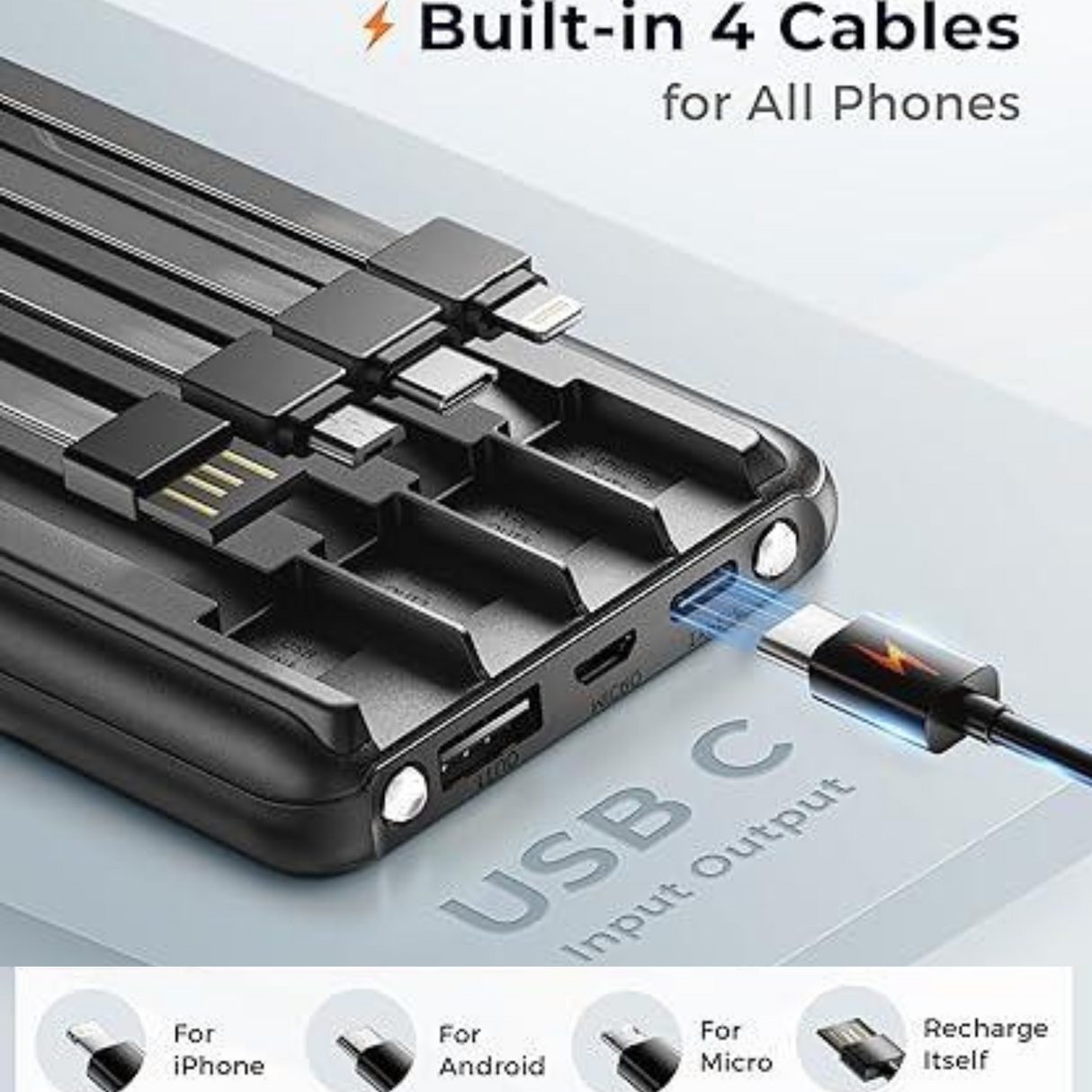 Joyfar Portable Power Bank USB C 10000mAh Built in Cable 22.5W