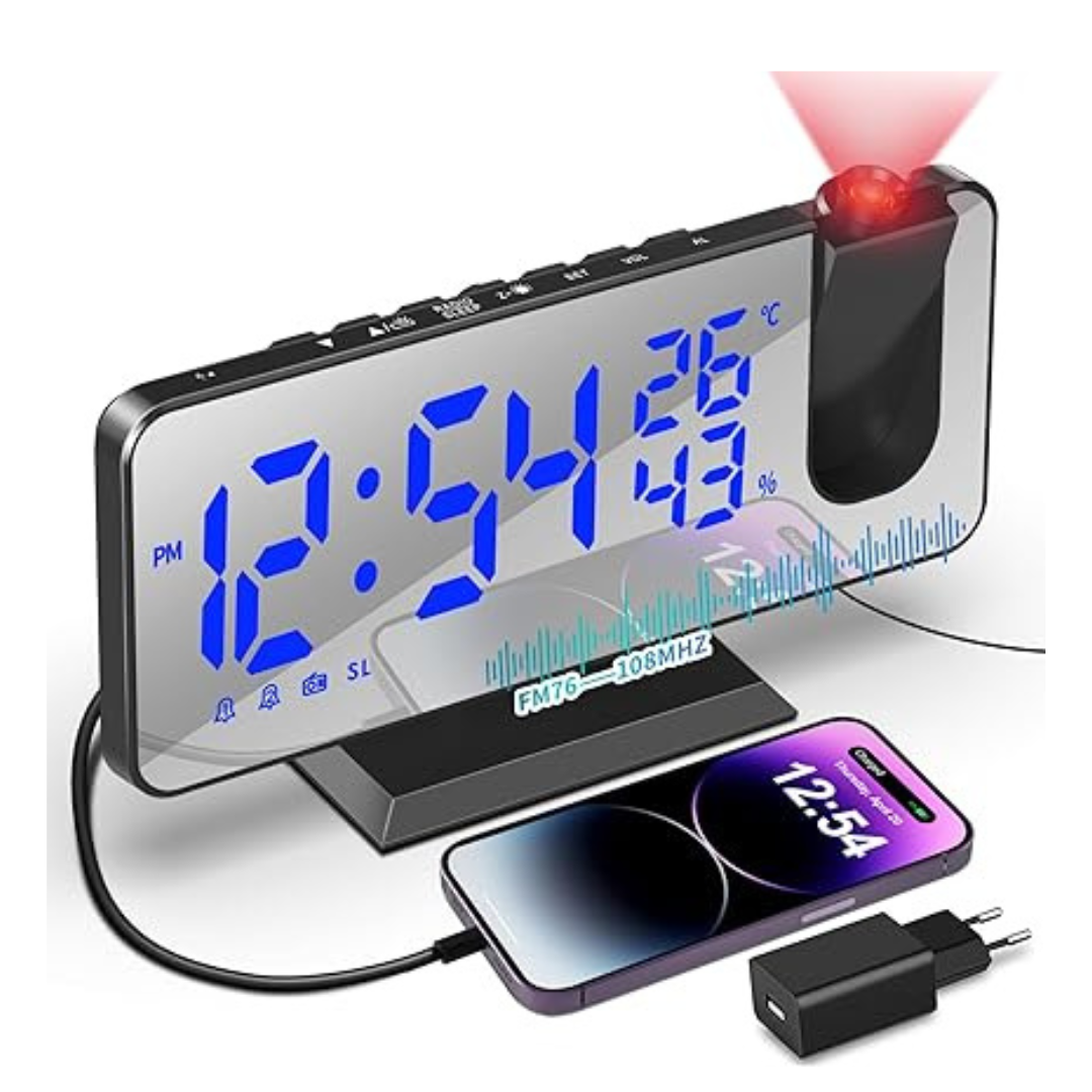 LED Display Projecting Alarm Clock With FM Radio 3 Brightness Levels
