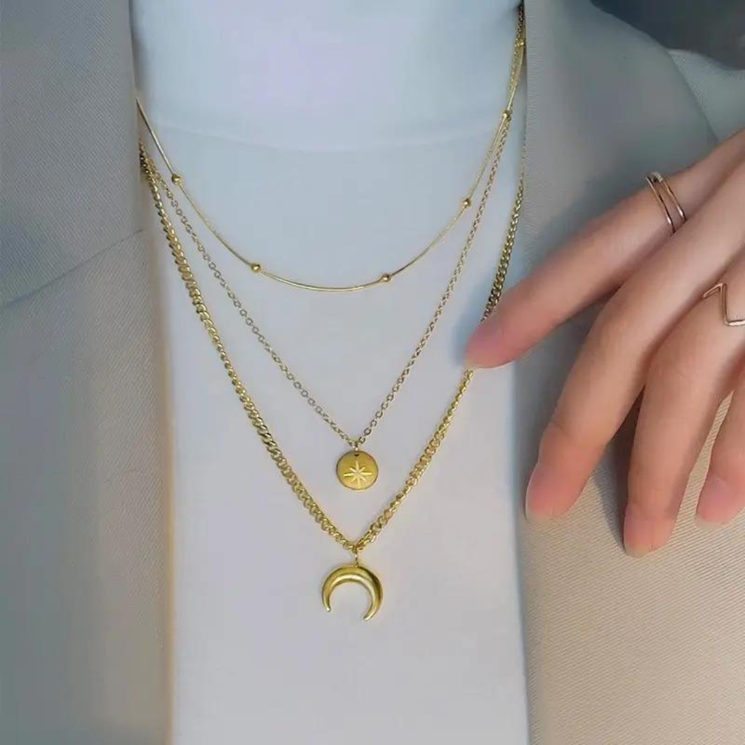 18K Gold Three Layer Star Moon Design Pendant Necklace Stainless Steel