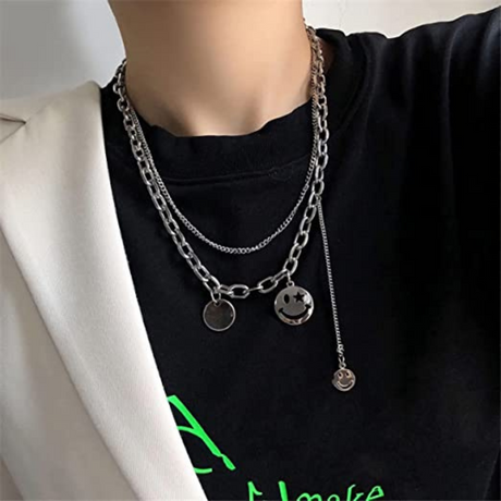 Fashion Hip Hop Chunky Cuban Chain Smiley Face Layered Choker Necklace