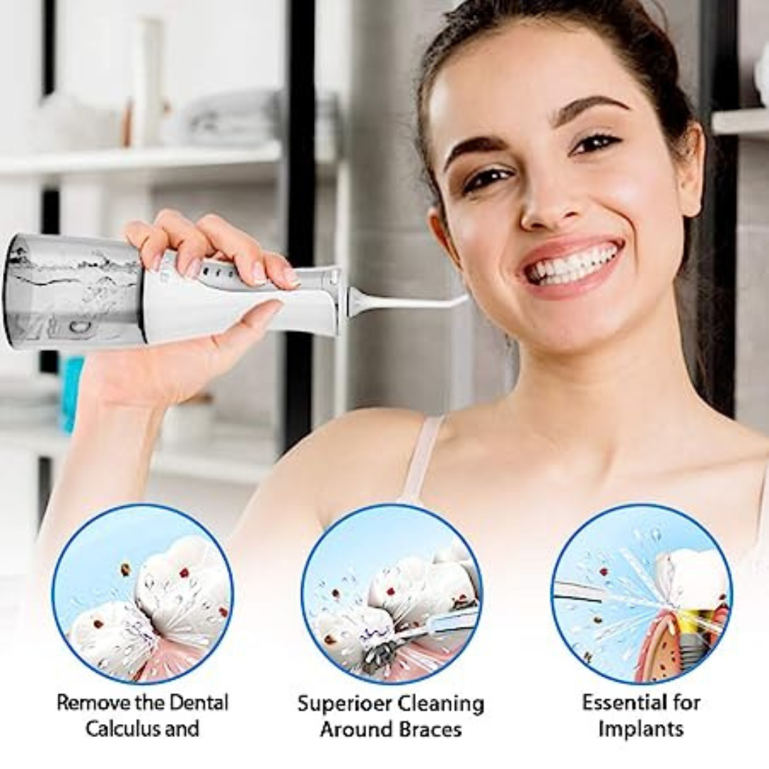 Moulei Portable Dental Water Flosser - Professional Oral Irrigator  IPX7 Waterproof 3 Modes and 4 Jet Tips