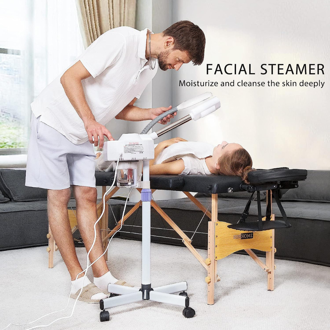 2 in 1 Facial Steamer Pro Ionic Ozone Facial Steamer on Wheels with 5X Magnifying Lamp Hot Mist Function for Home Salon Spa
