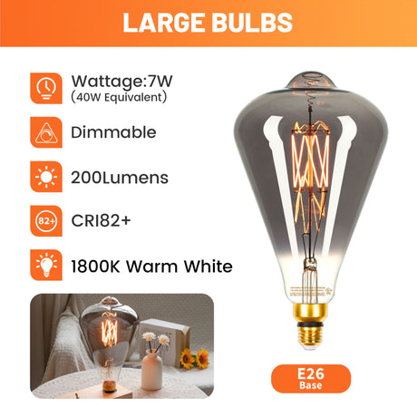 Alampever Oversized Decorative Edison Bulb E26 120V 7W 200LM Dimmable Smoky Glass
